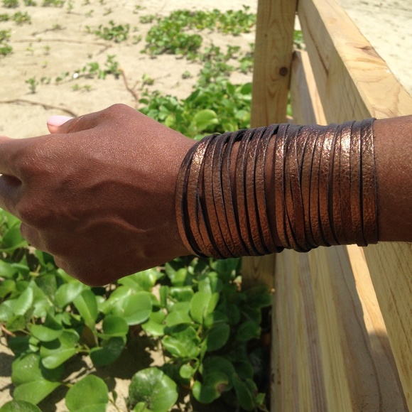 Hand Crafted Jewelry - Leather Metallic Copper Colored Fringe Bracelet